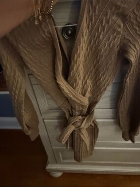 Windsor Cable-Knit Wrap Cardigan in Camel Brown